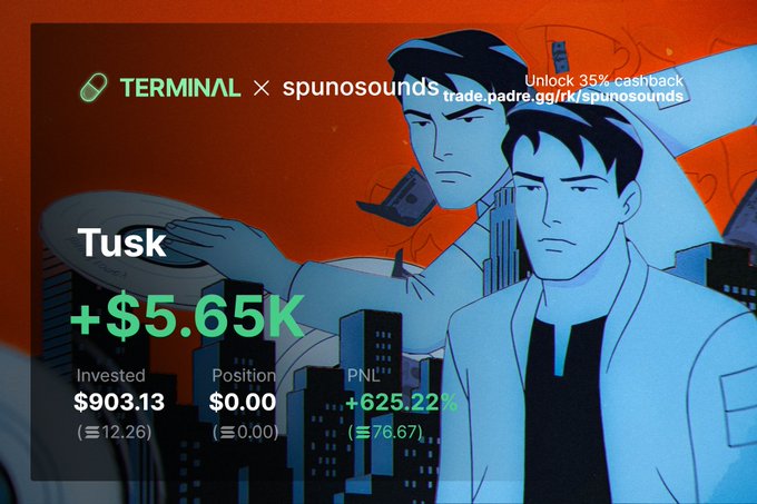 The image is a promotional graphic for Terminal x spunosounds featuring stylized blue-toned characters against an orange cityscape, displaying trading stats for "Tusk" with a +$5.65K PNL (+625.22%) on a $903.13 investment. It advertises a 35% cashback offer via the referral link "trade.padre.gg/rk/spunosounds" shown in the top right.