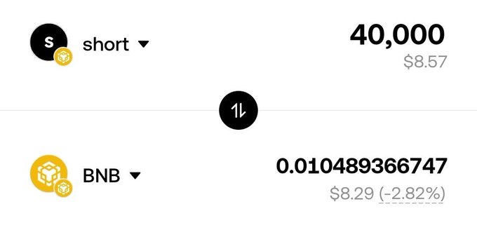A trading interface displays a short position of 40,000 (priced at $8.57) paired against BNB at 0.010489366747 ($8.29, -2.82%), presented as proof of profit to promote an "$8 airdrop" claim. The post uses this image to suggest users can earn similar small, instant gains by following the provided link and contract address.
