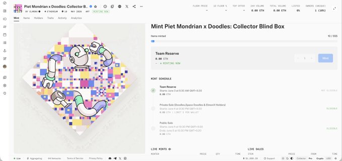 The image shows a screenshot of an app store page displaying a collection named "Doodles x Piet Mondrian" which seems to be related to a new project called "Team Revenues". It also features the post by @doodles stating that this is not just a collection, but it's an officially licensed collaboration with the Mondrian Trust. The app has received positive feedback and was labeled as one of the mostbullish launches in the Web3 space. The image provides information about the artwork behind the project, which is directly related to the app store and can help users understand the significance of this particular collection.