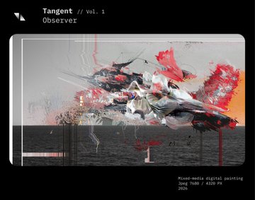 An album/event cover titled 'Tangent // Vol. 1 Observer' for a 'Mixed-media digital painting' event on Thursday, July 7th, 2022, featuring an abstract scene with an island structure over water.