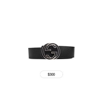 A product photo of a black leather belt with a silver 'G' logo buckle on a white background, priced at '$300'.