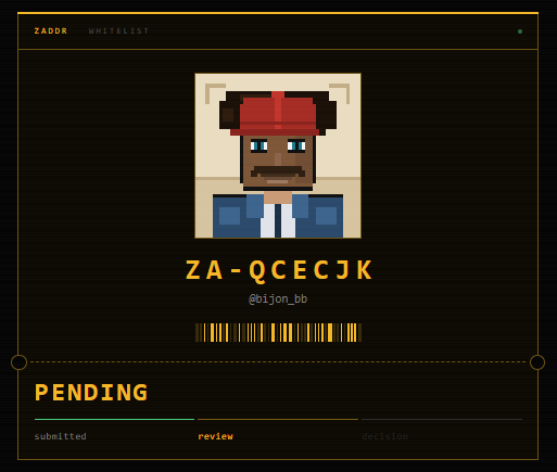 Digital whitelist interface titled 'ZADDR WHITELIST' displaying a pixel-art avatar, the code 'ZA-QCECJK', handle '@oljon_bb', and a 'PENDING' status.