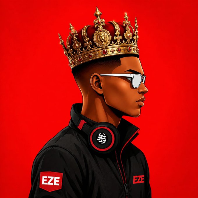 A digital portrait of a man wearing a gold crown, white sunglasses, and a black jacket with "EZE" logos, set against a red background.