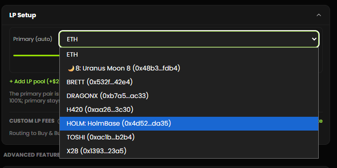 A dropdown menu in an "LP Setup" interface displays token pair options including ETH, BRETT, DRAGONX, H420, HOLM: HolmBase (0x4d52...da35), TOSHI, and X2B, with HOLM: HolmBase currently selected (highlighted in blue). This reflects the post's bullish sentiment about launching and pairing with $HOLM, showing the token's integration into a liquidity pool setup.