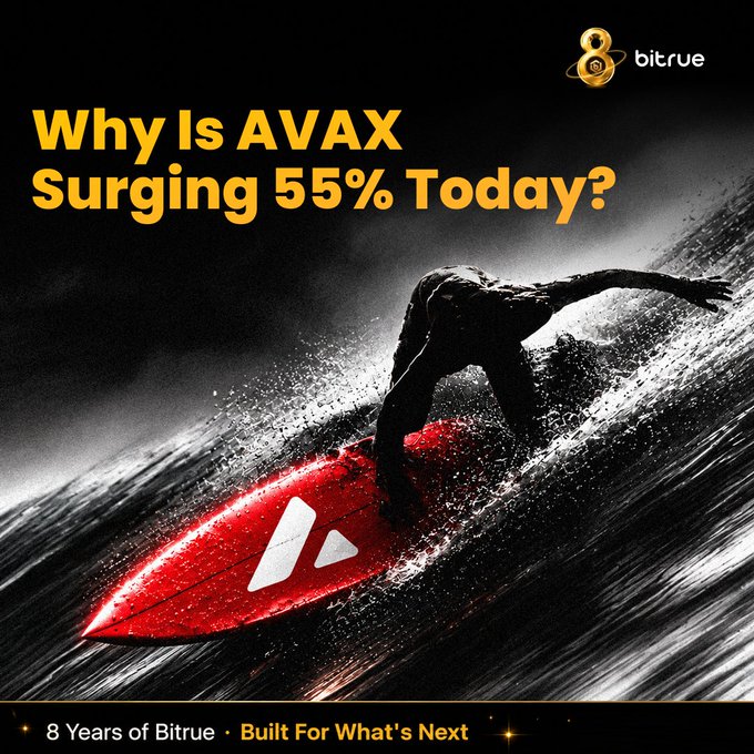 A promotional graphic from Bitrue features a dramatic black-and-white image of a surfer riding a wave, with a red Avalanche (AVAX) logo superimposed on the surfboard. The bold yellow text reads "Why Is AVAX Surging 55% Today?", highlighting Bitwise's Avalanche ETF posting its second-highest weekly inflows of $231,000, tying into the post's message about renewed altcoin interest.
