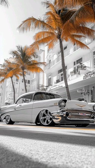 A black and white photograph of a classic 1957 Chevrolet Bel Air parked on a street, accented with vibrant orange palm trees in the background.