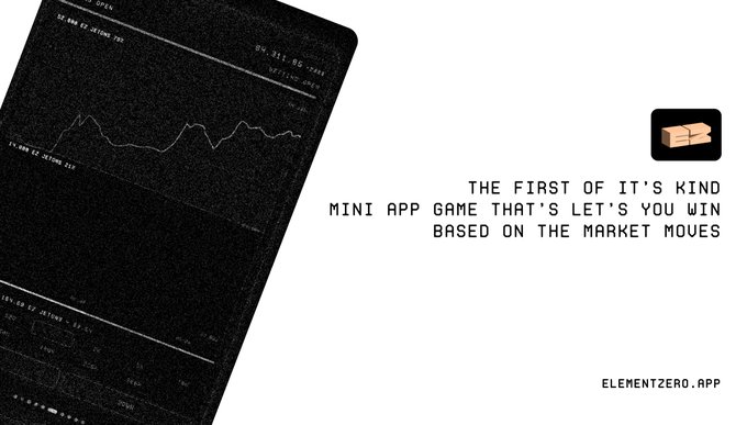 Promotional graphic for elementzero.app describing it as 'THE FIRST OF IT'S KIND MINI APP GAME THAT'S LET'S YOU WIN BASED ON THE MARKET MOVES' alongside a tablet displaying financial charts.
