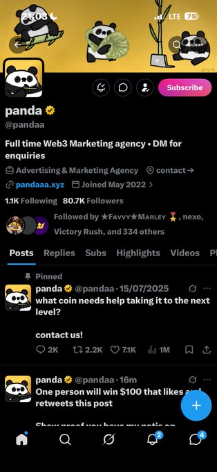 A screenshot of an X (Twitter) profile for 'pandaa' (@pandaa.xyz), a Web3 Marketing agency with 80.7K followers, featuring panda-themed header images.