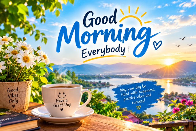 A cheerful 'Good Morning Everybody' greeting image featuring a coffee mug with a smiley face that says 'Have a Great Day', white daisies in a 'Good Vibes Only' pot, and a scenic lake/sunrise background with an inspirational message about positivity and success.
