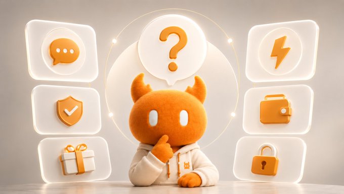 A cute orange mascot with a question mark above its head is surrounded by six glowing icons representing chat, security, gifting, a briefcase, lightning/energy, and a padlock, visually illustrating the FAQ post about ClawChat's gas fees and balances. The image's question mark and iconography reinforce the post's purpose of answering common questions about the platform's pay-per-action BTC pricing model.