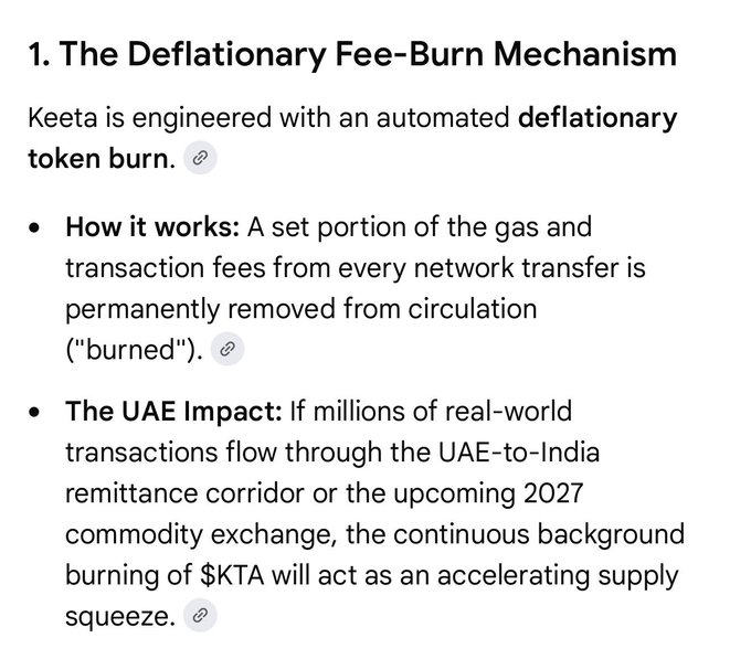 The image shows a white background with black text that reads "1. The deflationary fee-burn mechanism", followed by bullet points explaining the concept, including details about KETTA's role in this mechanism.