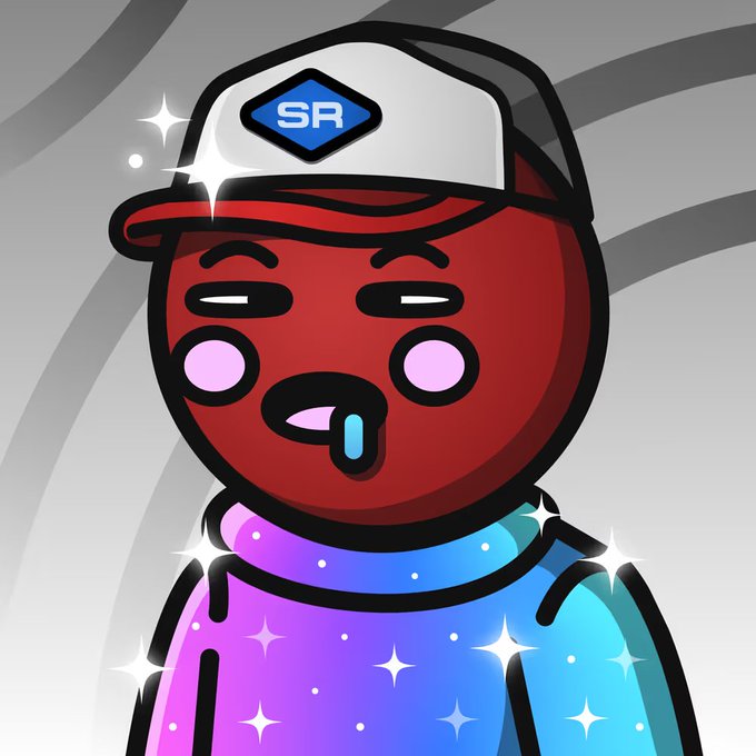 A cartoon character with red skin, drooling with starry eyes, and a dripping tongue wears a white and red cap featuring a blue diamond-shaped logo reading "SR," along with a sparkling galaxy-patterned hoodie that ties into the "Space Riders" theme.