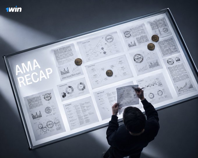 A person stands at a large illuminated board labeled "AMA RECAP" covered with charts, graphs, and documents bearing the "1WIN" logo, visually representing the summarization of the $1WIN token AMA session highlighting key updates like increased airdrop allocation, the Q4 2026 TGE/listing target, and token utility across gaming and rewards.