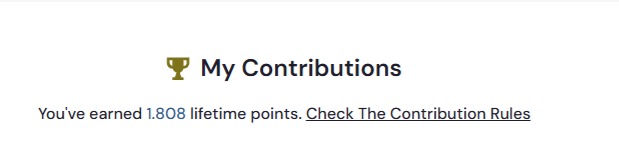 A simple graphic showing a trophy icon next to the text "My Contributions," stating "You've earned 1.808 lifetime points. Check The Contribution Rules."