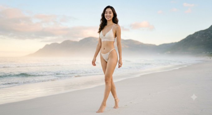 A woman in a light-colored bikini smiles as she walks barefoot along a sandy beach with mountains and ocean waves in the background.