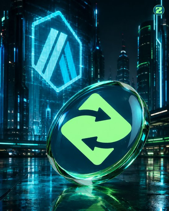 A futuristic 3D illustration featuring a glowing green circular logo with two arrows forming a cycle, set against a cyberpunk cityscape with a large hexagonal emblem in the background.