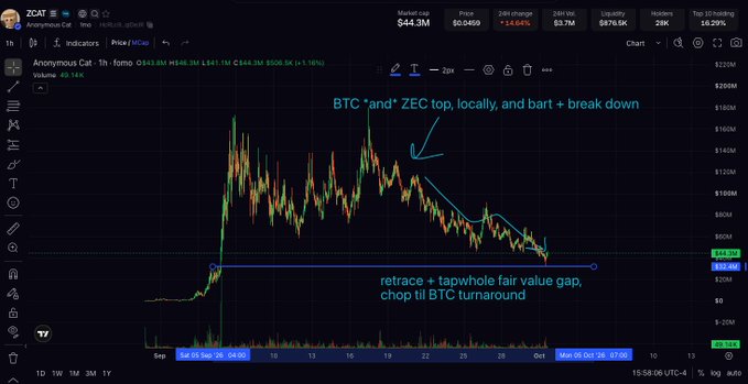 A TradingView candlestick chart for ZEC (Zcash) against BTC, showing market data with annotations reading "BTC *and* ZEC top, locally, and bart + break down" and "retrace + tapwhole fair value gap, chop til BTC turnaround".