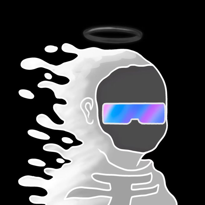 A stylized digital illustration of a silver, hooded figure with a blank face wearing iridescent blue-purple sunglasses and a glowing halo, set against a black background. The artwork serves as a visual for a giveaway of a "Rare Silver RhNark" NFT, matching the futuristic, blockchain-inspired aesthetic of the post.