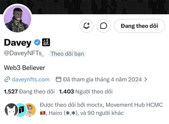 Twitter/X profile page of 'Davey' (@DaveyNFTs_), a verified Web3 Believer, with 1,527 followers and 1,403 following, joined April 2024, linked to daveynfts.com, followed by Movement Hub HCMC and Hairo.