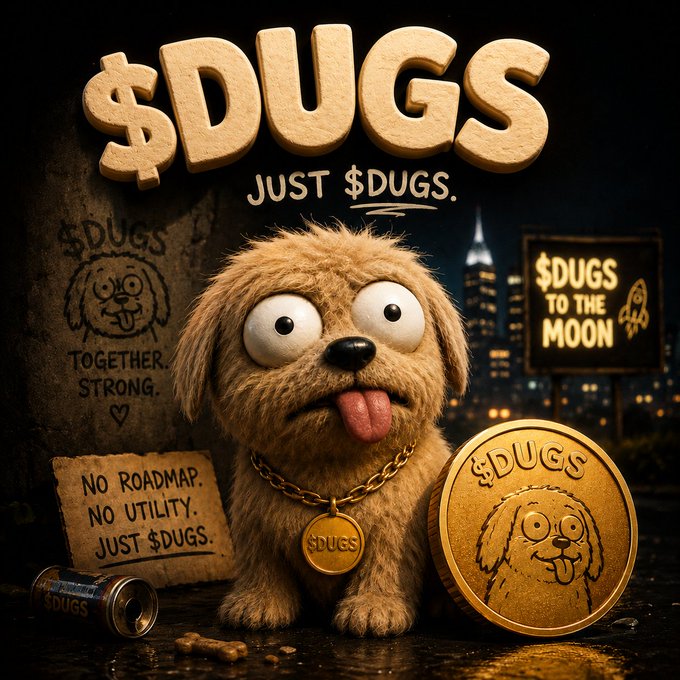 A promotional crypto meme image featuring '$DUGS' token, showing a cartoon dog with its tongue out wearing a $DUG$ gold coin necklace, with slogans 'JUST $DUGS.', '$DUGS TO THE MOON', 'TOGETHER STRONG.', 'No Roadmap. No Utility. JUST $DUGS.'