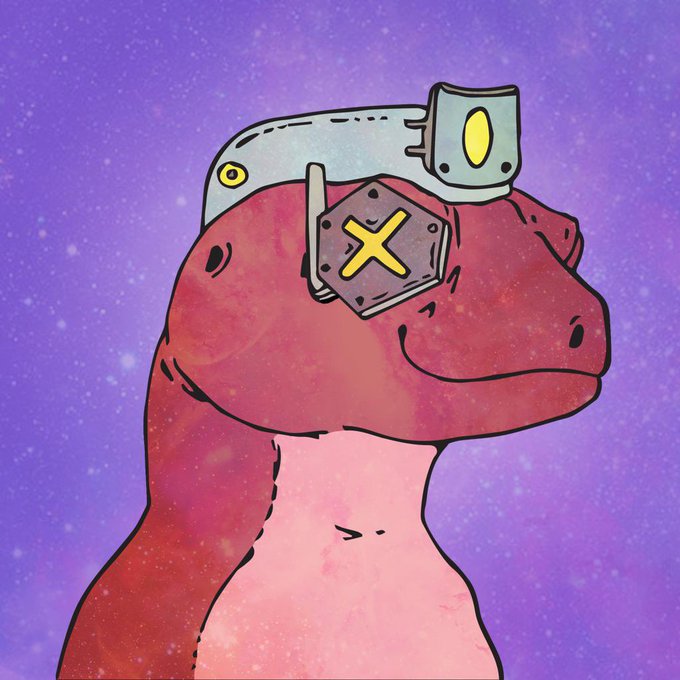A cartoonish red dinosaur with a mischievous smile wears a metal headpiece adorned with a yellow "X" over its eye, set against a starry purple cosmic background—reflecting the post's sentiment that this prized, one-of-a-kind "specimen" is a non-tradeable NFT collectible too rare and cheerful to ever be sold again.