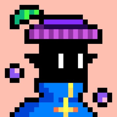 An 8-bit pixel art character wearing a purple and pink striped hat with a green tassel, displaying a solid black face with two white eyes, accompanied by purple grapes, set against a pink background.