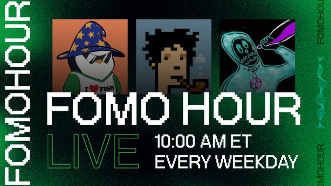 A green promotional graphic for "FOMO HOUR LIVE" featuring pixel-art characters including a wizard, a smoker, and a ghostly figure, with text reading "10:00 AM ET EVERY WEEKDAY." The image serves as the show's branding for the upcoming live broadcast discussing Cobie's Base takeover, Robinhood Chain drama, and England fans.