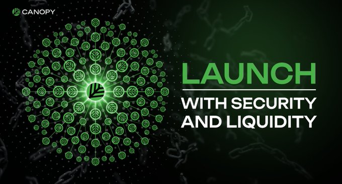A promotional graphic for 'CANOPY' with a green circular logo of leaf-like icons, advertising 'LAUNCH WITH SECURITY AND LIQUIDITY' against a dark background.