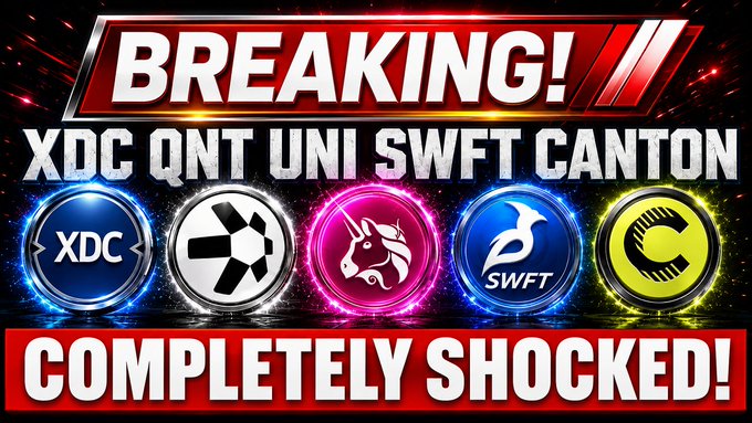 A clickbait-style crypto thumbnail with 'BREAKING!' and 'COMPLETELY SHOCKED!' banners, displaying circular logos for the cryptocurrencies XDC, QNT, UNI, SWFT, and CANTON.