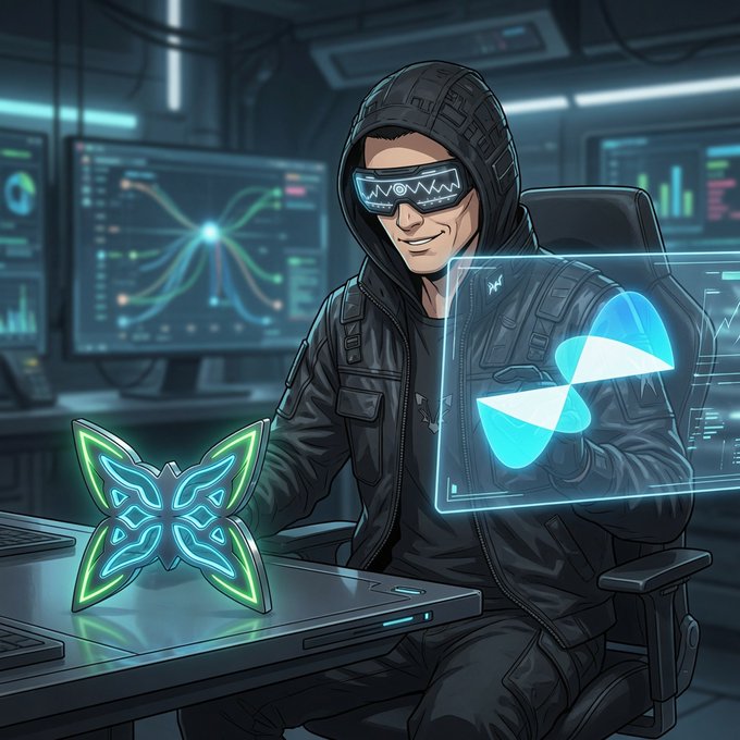A digital illustration of a person in a dark hoodie wearing glowing futuristic glasses, sitting at a desk with a glowing butterfly-shaped object, and interacting with a holographic blue interface.
