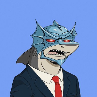 A cartoon illustration of a humanoid shark or fish character wearing a dark suit with a red tie, featuring red glowing eyes and sharp teeth against a blue background.