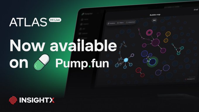 A promotional graphic stating 'ATLAS Now available on Pump.fun,' featuring the InsightX logo and a background showing a 'Bubble map' interface on a screen.