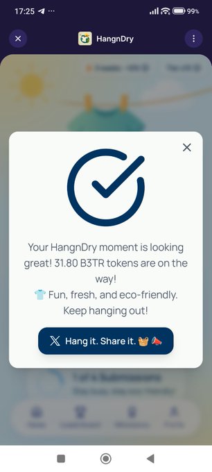 A mobile app screenshot from 'HangnDry' showing a confirmation pop-up that reads 'Your HangnDry moment is looking great! 31.80 B3TR tokens are on the way!' with a button to 'Hang it. Share it.'