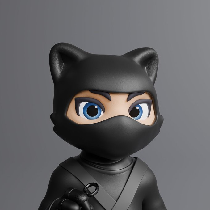 A 3D rendered character with large blue eyes wearing a black ninja-style outfit and mask with cat ears, set against a gray background.