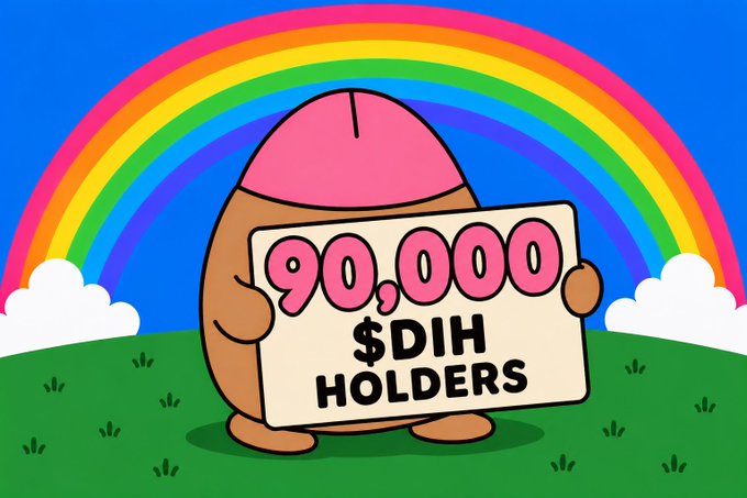 A cartoon character wearing a pink helmet holds a sign reading "90,000 $DIH HOLDERS" against a rainbow backdrop, celebrating the milestone of 90,000 $DIH token holders on Robinhood as referenced in the post.
