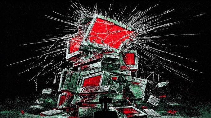 A chaotic stack of shattered, cracked CRT monitors radiates electric sparks against a black background, their glowing red screens symbolizing the hidden, explosive digital fraud that went unnoticed for years. The image visually captures the post's message: beneath the ordinary surface of everyday tech lurked North Korea's covert remote IT operations embedded within US companies, only revealing their destructive reality once the fraud finally came to light.