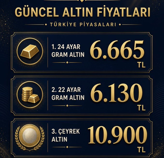 A graphic displays current Turkish gold prices (Güncel Altın Fiyatları): 24K gram gold at 6,665 TL, 22K gram gold at 6,130 TL, and quarter gold (Çeyrek Altın) at 10,900 TL, providing a visual reference for the poster's claim of having bought low and sold high during price dips between 5,980–6,200 TL.