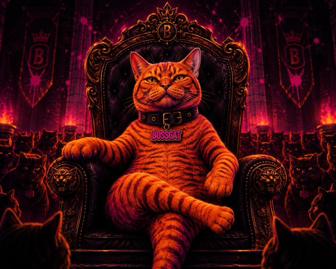 A regal orange tabby cat wearing a "BOSSCAT" collar lounges confidently on an ornate throne emblazoned with the letter "B," surrounded by a shadowy assembly of cats and pink splatters, embodying the post's declaration of the $BOSSCAT token's dominance.