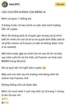 A Vietnamese trading post titled "CÂU CHUYỆN KHÔNG CỦA RIÊNG AI" (A Story Not Unique to Anyone) shares personal experience of trading losses with leverage exceeding x2-x3 leading to 1-2 account wipes, ending with a cautionary emoji. The caption reads "I think 99% of the bros who join the market will experience their account going to zero at least once. Only after experiencing enough will they find their direction. So anyone who's new should just play with a few hundred bucks. Who knows, once they hit Buy Bitcoin, then they'll..."