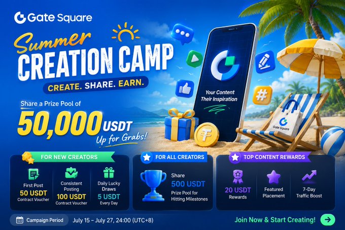 A vibrant promotional banner for Gate Square's "Summer Creation Camp" running July 15 – July 27 (UTC+8), featuring a tropical beach scene with a smartphone displaying "Your Content Their Inspiration" and highlighting a 50,000 USDT prize pool split across rewards like 50 USDT for first posts, 100 USDT for consistent posting, 5 USDT daily draws, 500 USDT milestone shares, and 20 USDT featured placement bonuses.