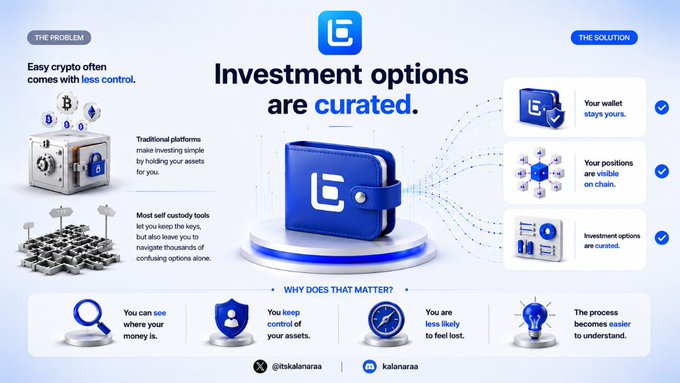 An informational graphic from @itskalainaraa explaining crypto investment options, comparing the problems with traditional custodial platforms to the solution of a curated wallet where users maintain control of their assets.