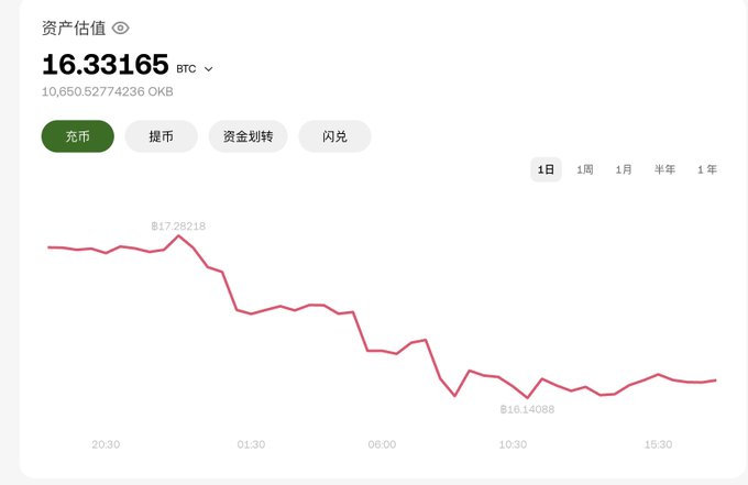 A cryptocurrency portfolio interface in Chinese showing "资产估值" (Asset Valuation) of 16.33165 BTC (10,650.52774236 OKB), with a 1-day line chart displaying a downward trend from a high of ₿17.78218 to ₿16.14088.