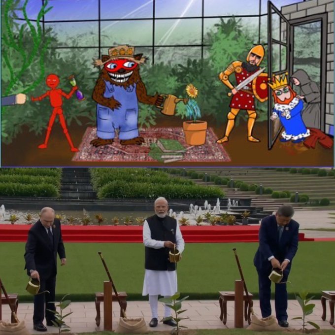 A meme showing world leaders including Narendra Modi watering plants in a ceremonial garden overlaid with a cartoon image of a gardener, a red stick figure, and a princess.