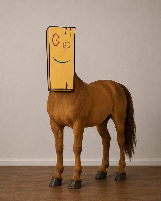 A humorous digital composite of a brown horse whose head is replaced by a cartoon wooden plank character with a smiling face.