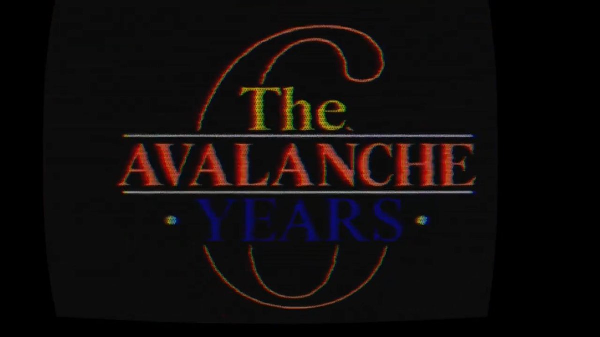 A title card with stylized retro text reading 'The Avalanche Years' in glowing orange, yellow, and blue neon-style letters on a black background.