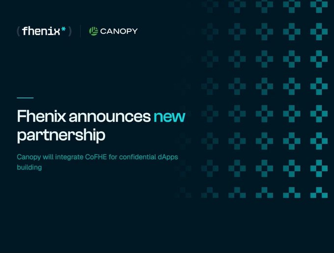 A corporate announcement graphic on a dark teal background with cross-pattern decorations reads 'fhenix | CANOPY' at the top, followed by 'Fhenix announces new partnership' and 'Canopy will integrate CoFHE for confidential dApps building.'