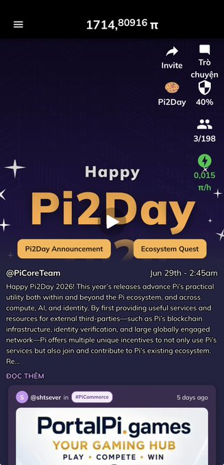 A Pi Network Pi2Day 2026 celebration page showing '1,714,80916 π', 'Happy Pi2Day', Pi2Day Announcement, Ecosystem Quest, and a PiCoreTeam message dated Jun 29th about advancing Pi's practical utility within and beyond the Pi ecosystem, with an ad for PortalPi.games.