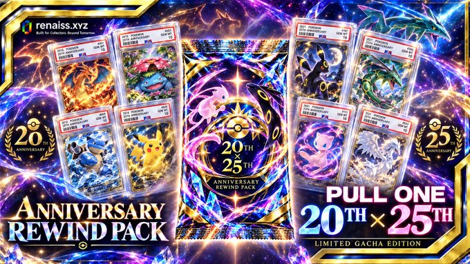 A promotional image for a '20th x 25th Anniversary Rewind Pack' gacha edition from renaiss.xyz featuring various graded Pokemon cards including Charizard, Blastoise, Venusaur, Mewtwo, and Rayquaza.
