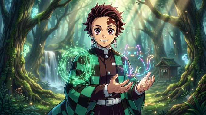 An illustration of Tanjiro Kamado from *Demon Slayer* holding glowing, neon-outlined ASCII-style cats in a forest setting. The image serves as a visual representation of the "@ASCIIcats_" project mentioned in the post, blending anime art with the concept of digital "on-chain" ASCII characters.
