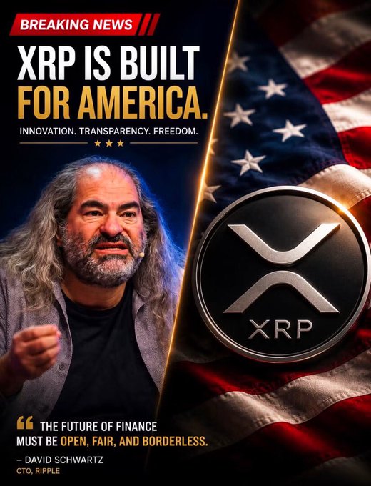 The image features a "BREAKING NEWS" graphic declaring "XRP IS BUILT FOR AMERICA" with the tagline "Innovation. Transparency. Freedom." and a quote from David Schwartz, CTO of Ripple ("The future of finance must be open, fair, and borderless"), alongside a large XRP logo displayed over an American flag. The image ties to the accompanying post by prominently featuring David Schwartz and XRP branding, while the post explains his insight on how a higher XRP price reduces the number of tokens needed to move large sums of value.